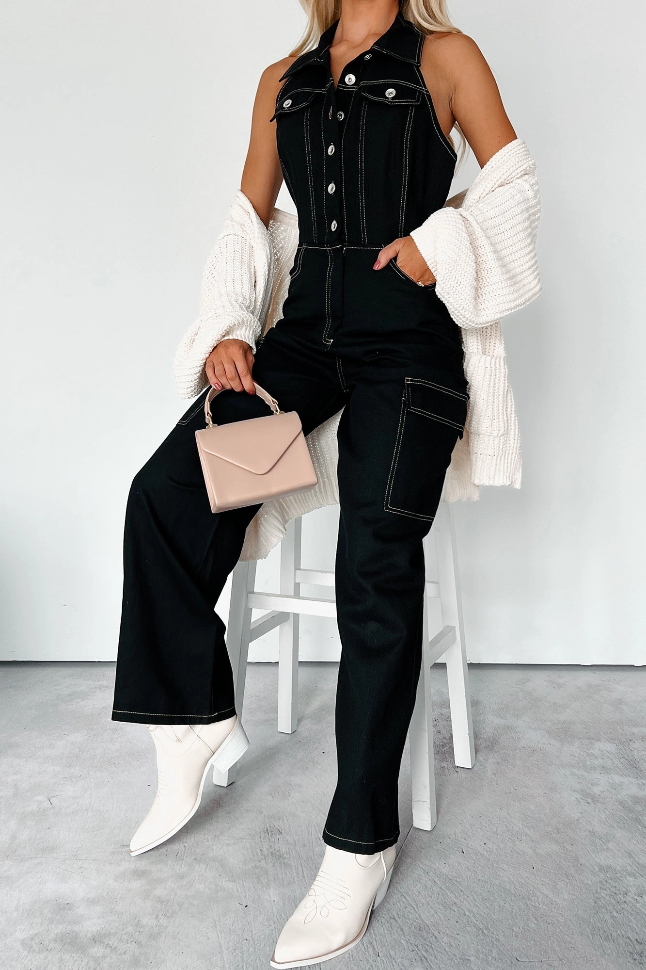 Social Call Denim Halter Cargo Jumpsuit (Black) Durable Sporty