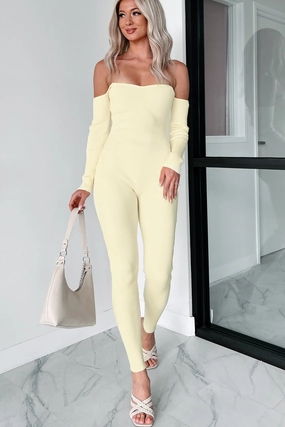 Office Comfy Telling Secrets Off The Shoulder Ribbed Catsuit (Yellow)
