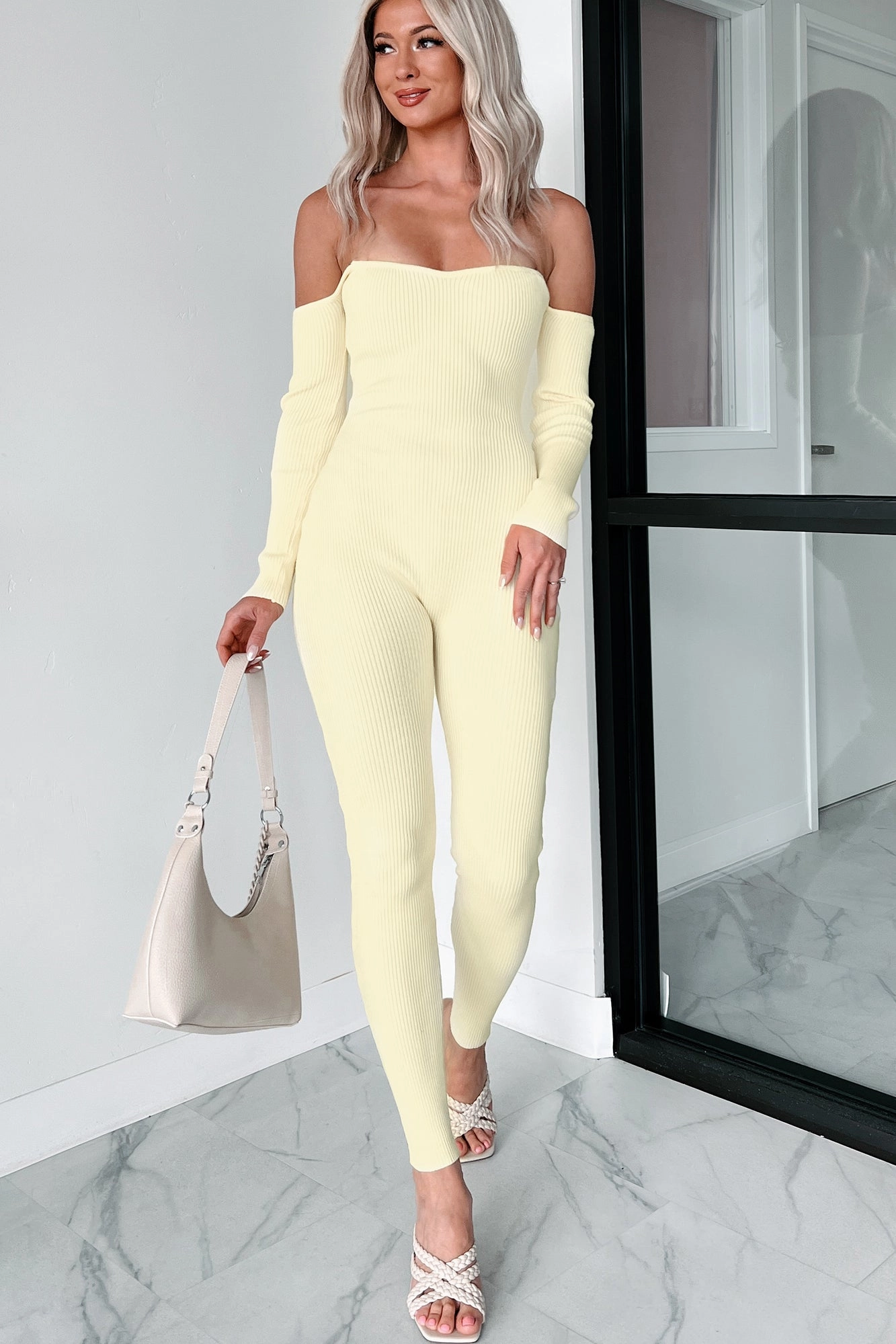 Telling Secrets Off The Shoulder Ribbed Catsuit (Yellow) Classic Work Cool Simple
