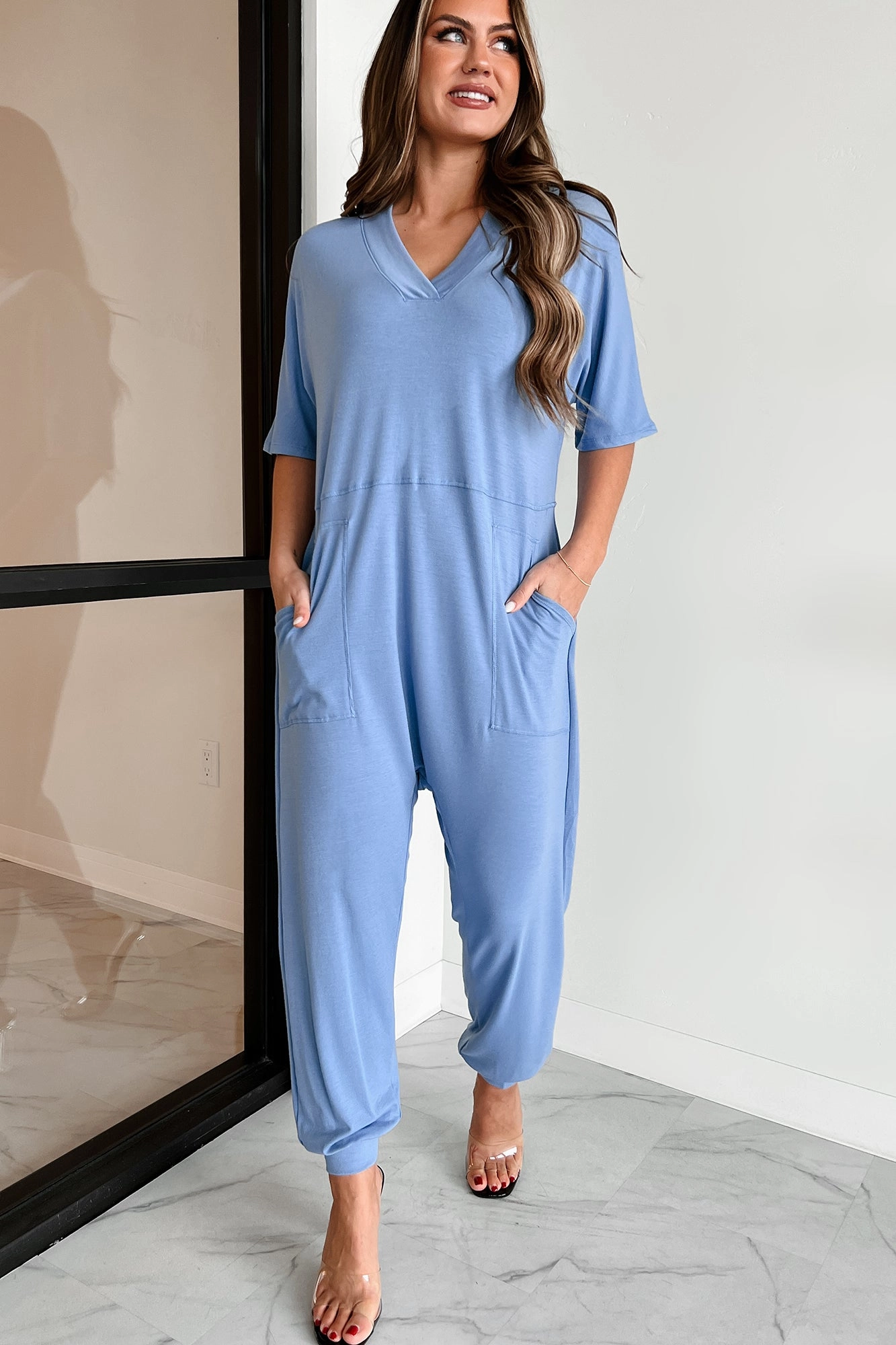Tired Eyes Short Sleeve Slouchy Jumpsuit (Light Denim) Fresh Sport