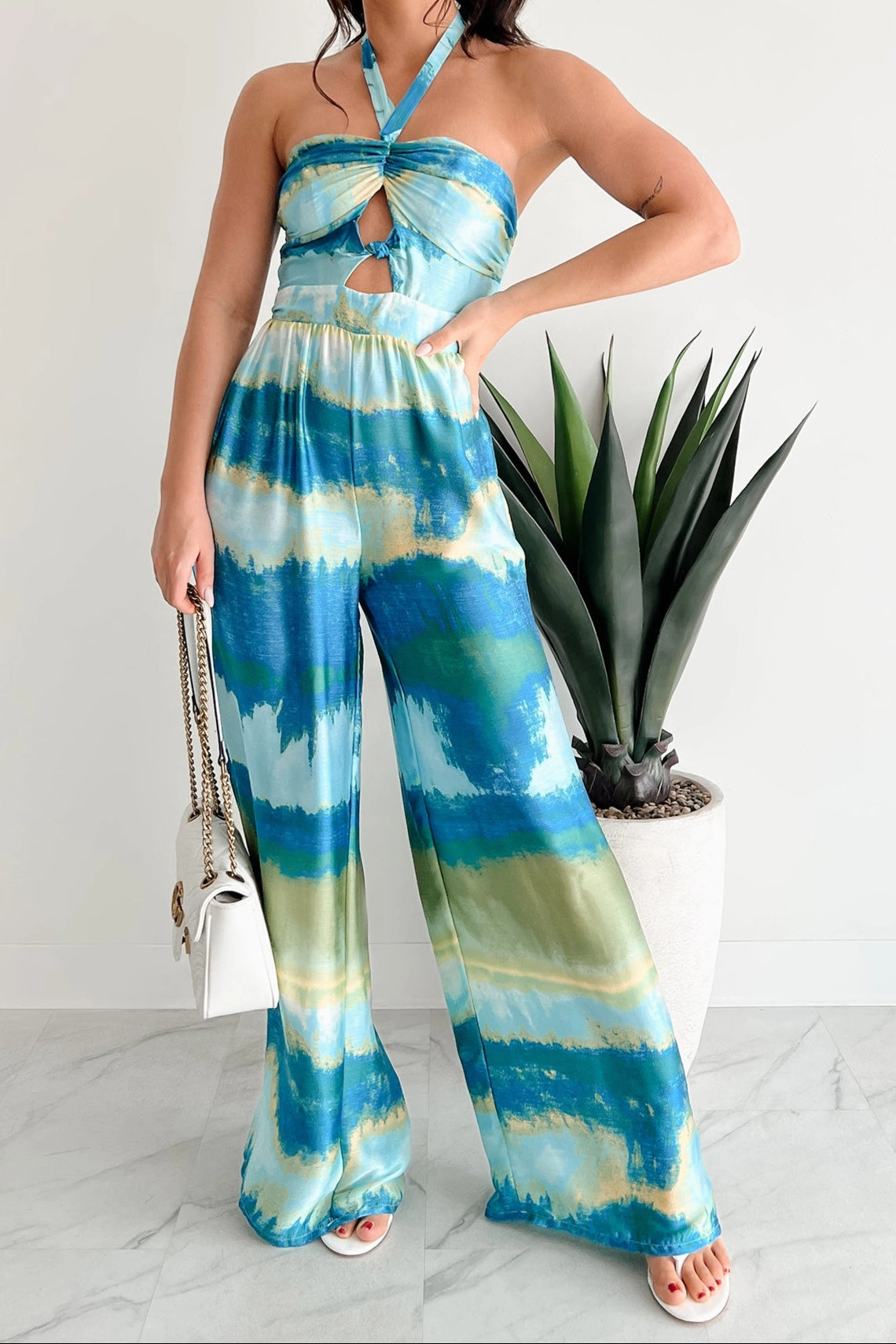 Minimal Boy Hot Singer Sunshine & Seaside Halter Wide Leg Jumpsuit (Blue)