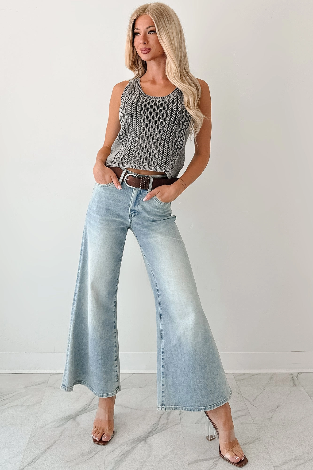 Calm Aesthetic Work Meeting Trendy Modern Minimalist Oscar High Rise Wide Leg Mica Jeans (Light Aqua)