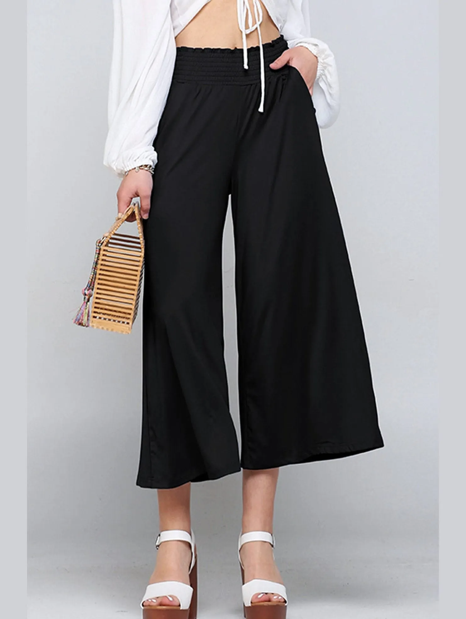SMOCKED WAIST BEND GAUCHO PANTS Flexible Leg Non Clip