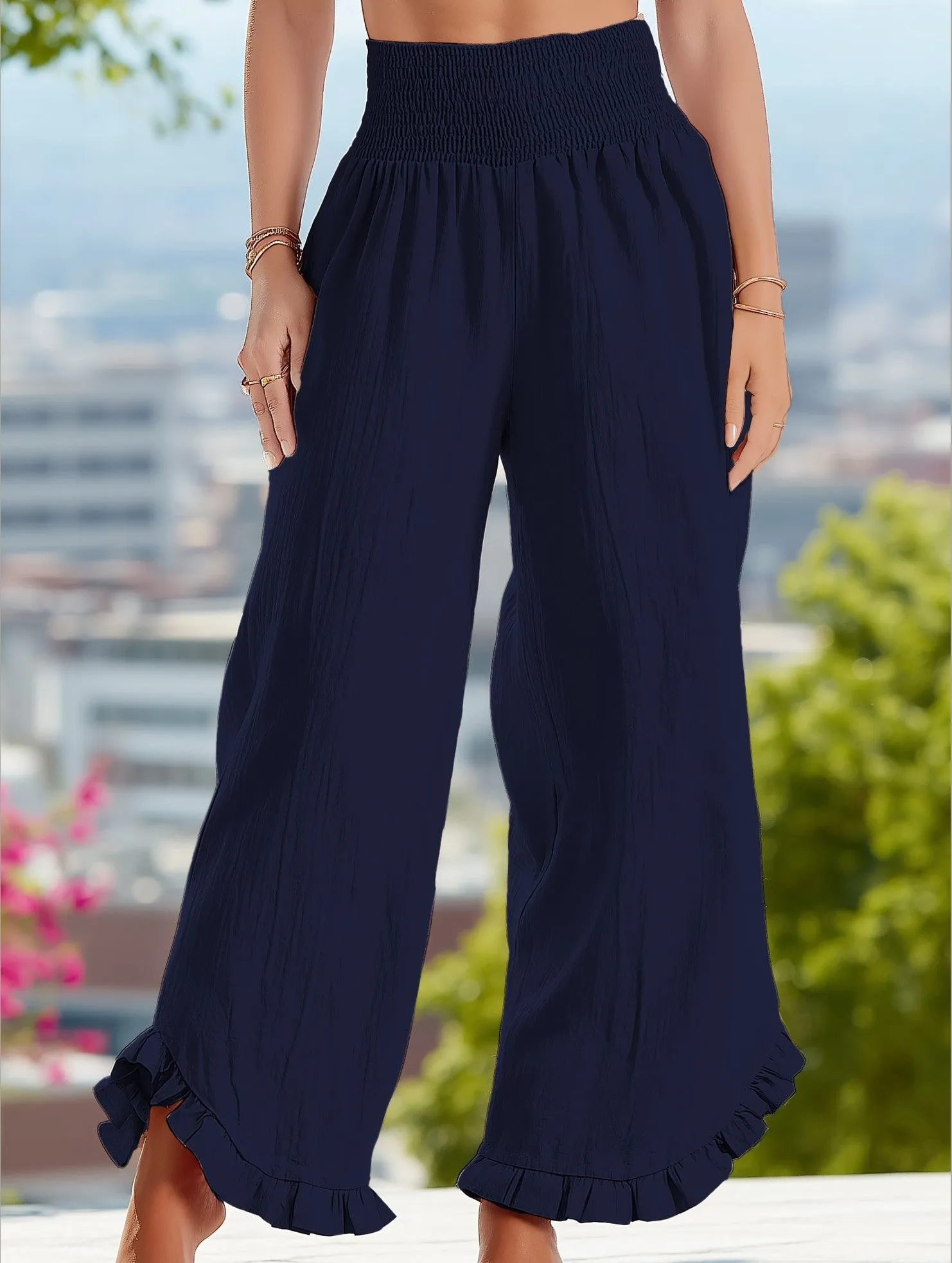 Smocked Waist Ruffled Wide-Leg Pants ??Casual High-Rise Flowy Trousers Weekend Ready