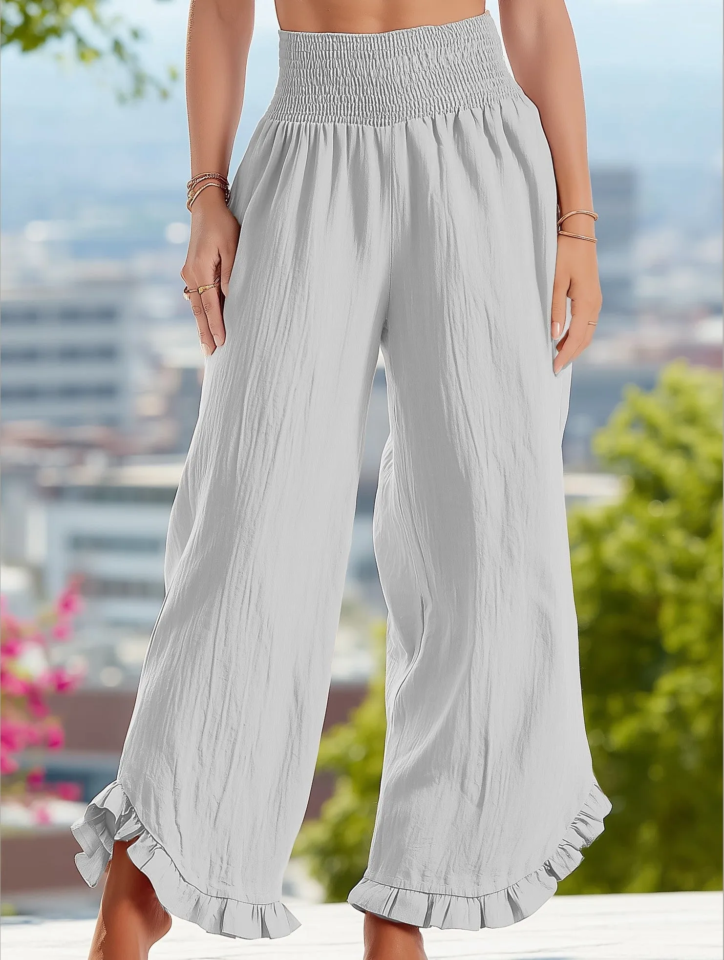 Smocked Waist Ruffled Wide-Leg Pants ??Casual High-Rise Flowy Trousers AntiStaticFinish