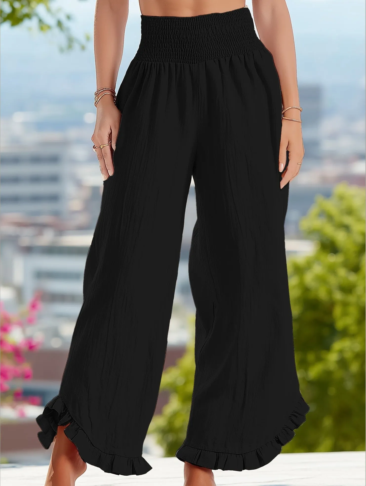 Smocked Waist Ruffled Wide-Leg Pants ??Casual High-Rise Flowy Trousers Functional Wear Slim Design