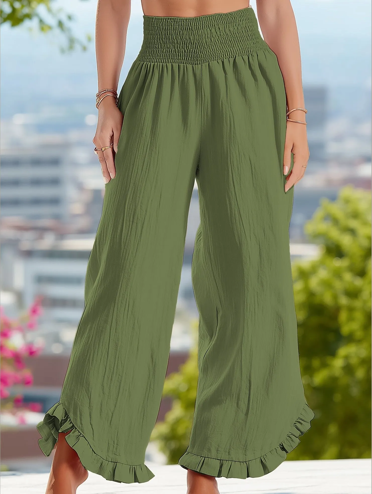 Smocked Waist Ruffled Wide-Leg Pants ??Casual High-Rise Flowy Trousers Quick Fit Design