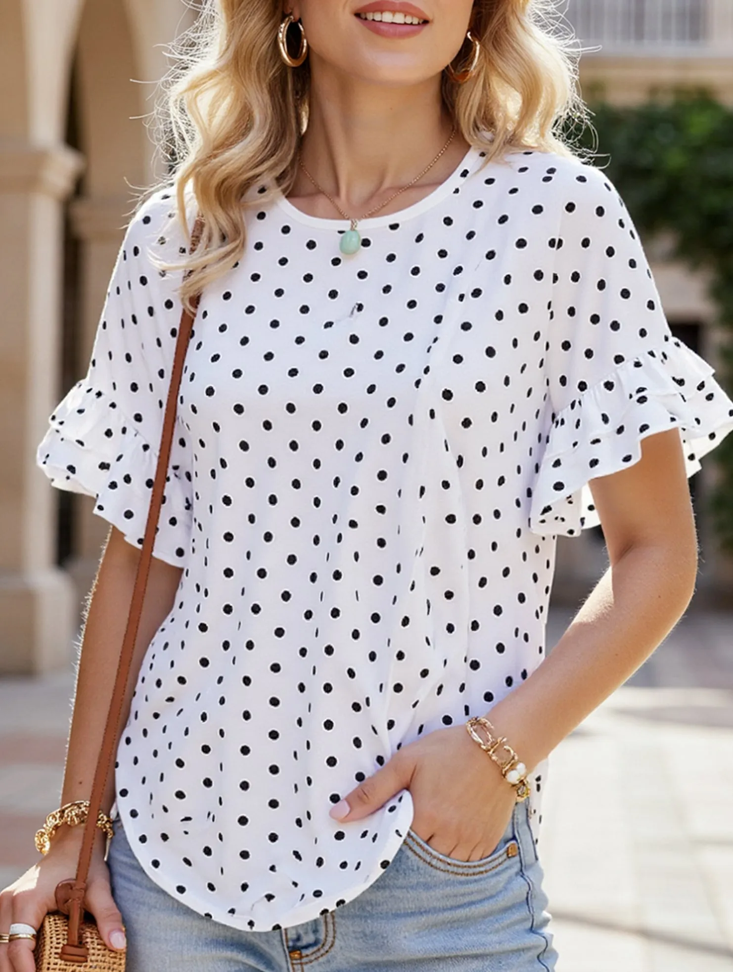 Polka Dot Batwing Sleeve Ruffle Loose Top ??Women's Lightweight Casual Blouse sale season