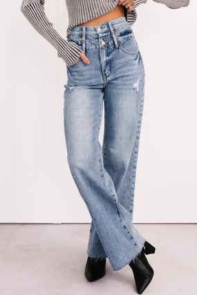 Modern Minimalist Stretch Xander High Rise Double Waist Saige Denim Jeans (Medium)