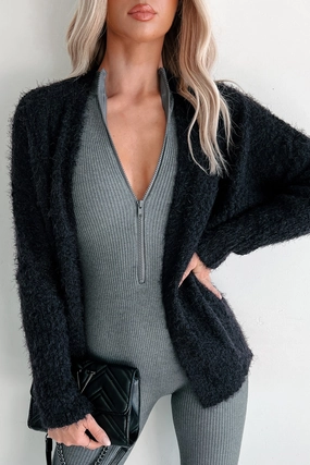 Contrast Stitch Slowing Things Down Fuzzy Cardigan (Black)