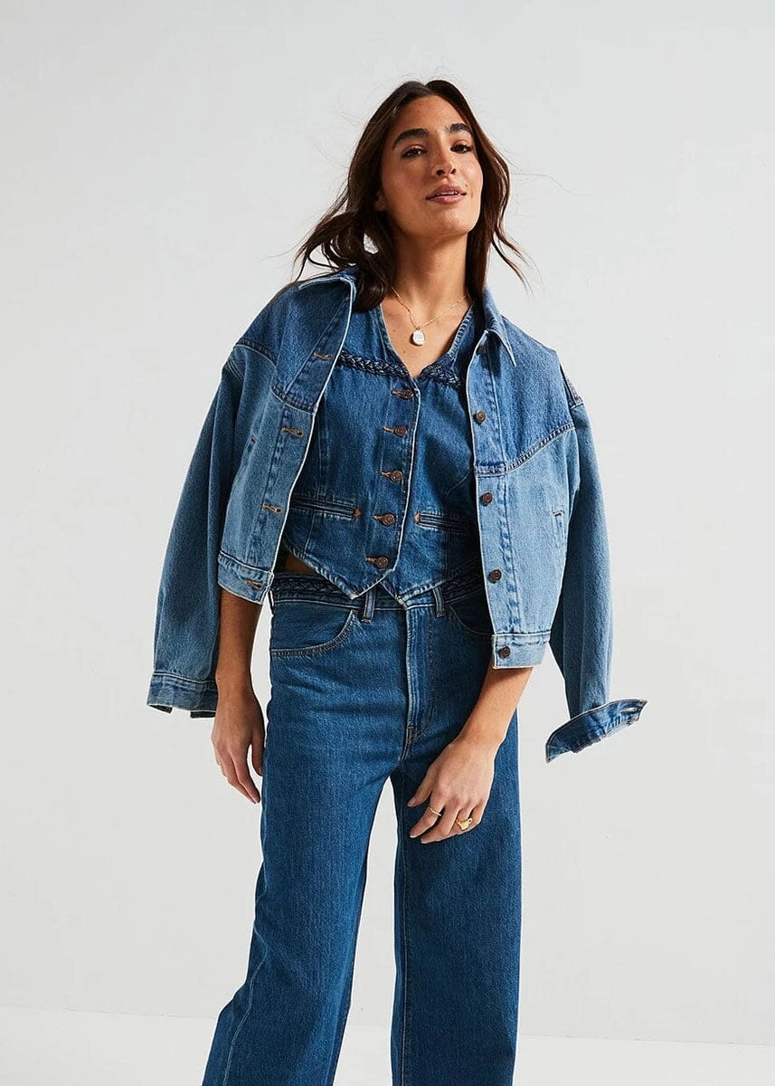 Comfortable Layer Interlock Knit Braided Denim Vest - Big Yikes