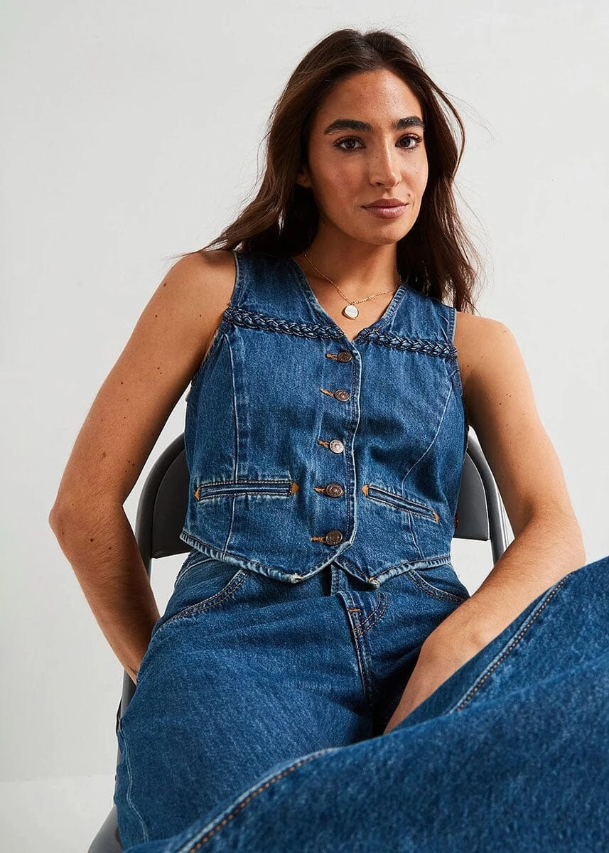 Braided Denim Vest - Big Yikes Lightweight Knit Active Tee