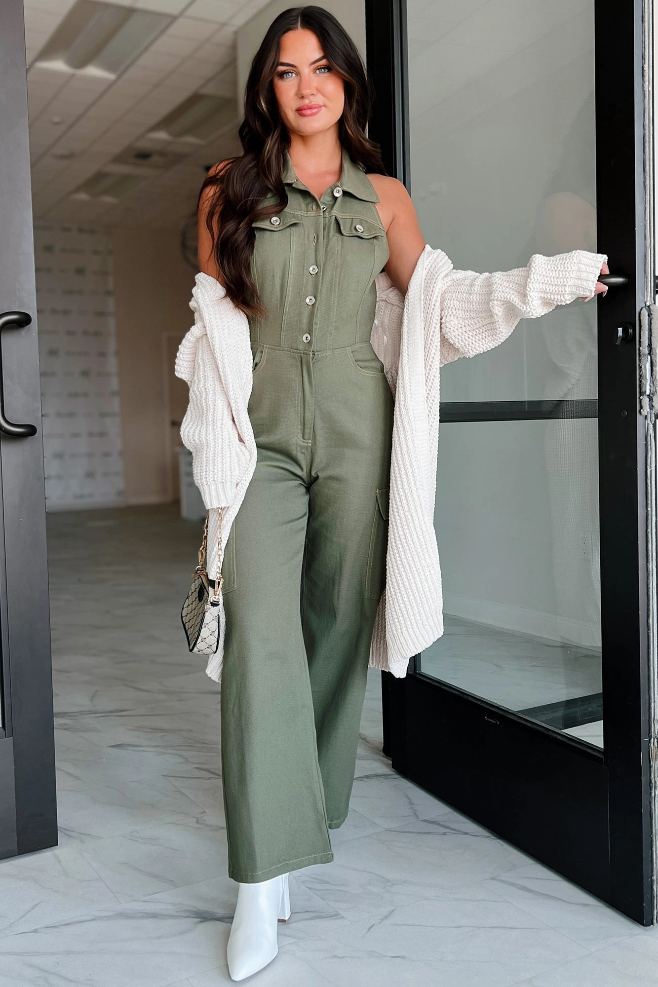 Social Call Denim Halter Cargo Jumpsuit (Olive) Breathable Lining System