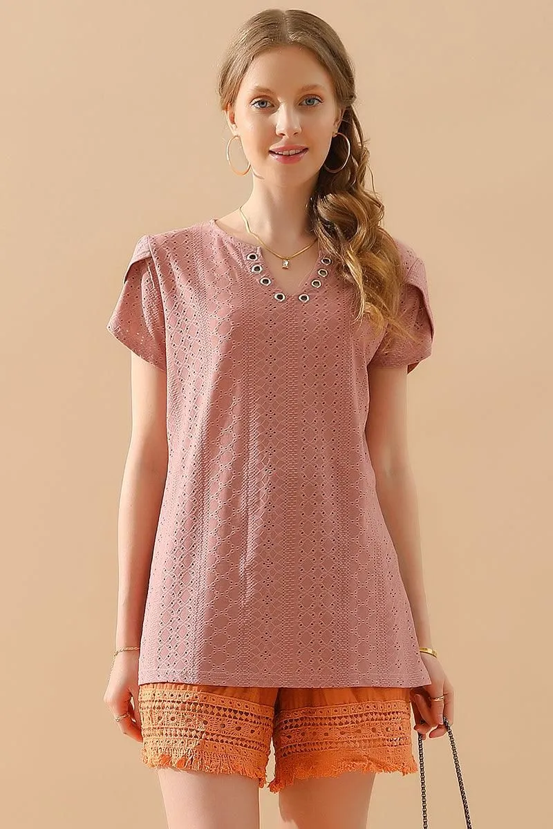 BUCKLED V NECK PUNCHING LACE TULIP SLEEVE TEE Cross Grain Knit