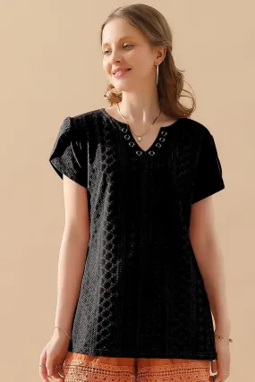 Stylish Tank Non Irritating Seam Finish BUCKLED V NECK PUNCHING LACE TULIP SLEEVE TEE