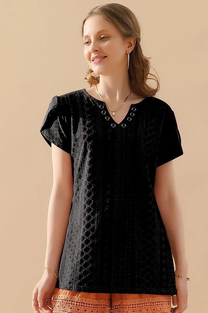 BUCKLED V NECK PUNCHING LACE TULIP SLEEVE TEE Airflow Ventilation System Flexible Ribbed Cuffs