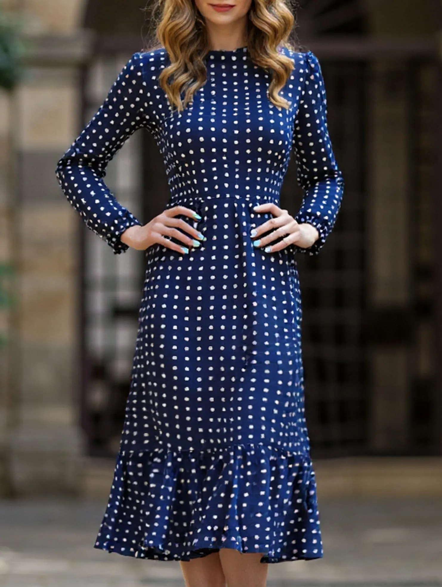 French vintage polka dot patchwork dress Daytime Look Elegant Flow