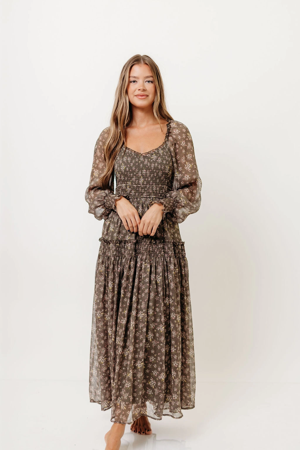 Luisa Smocked Floral Maxi Dress in Dusted Eucalyptus Walk Easy