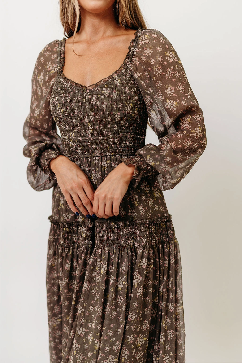 Eco Friendly Luisa Smocked Floral Maxi Dress in Dusted Eucalyptus