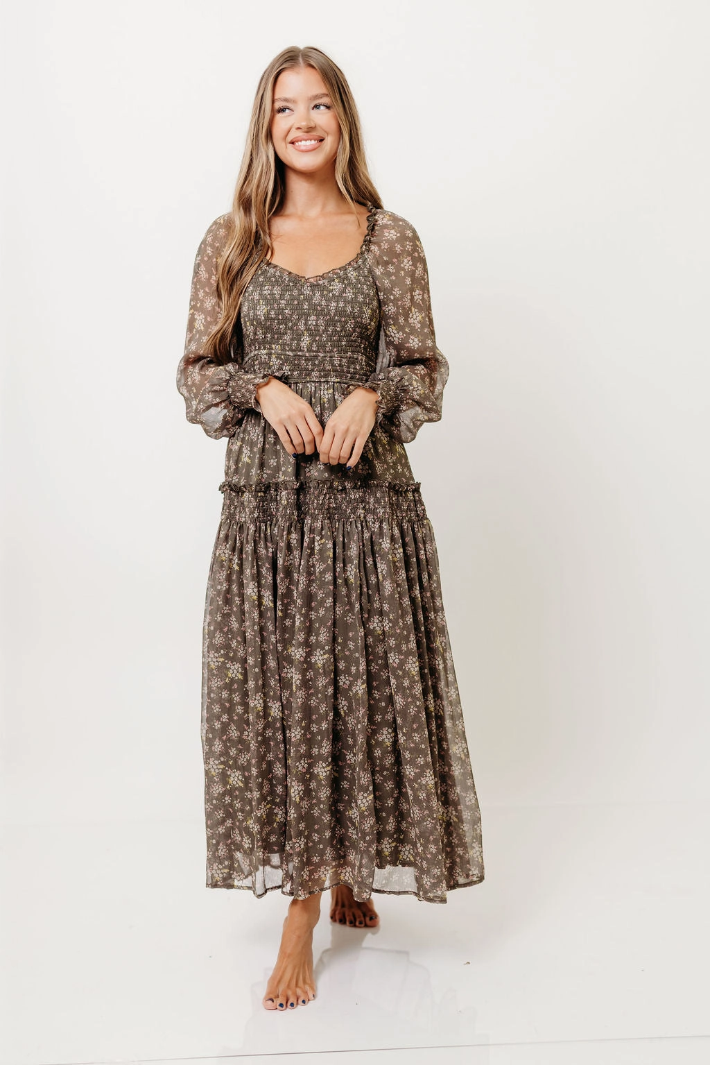 Luisa Smocked Floral Maxi Dress in Dusted Eucalyptus Polished look dress