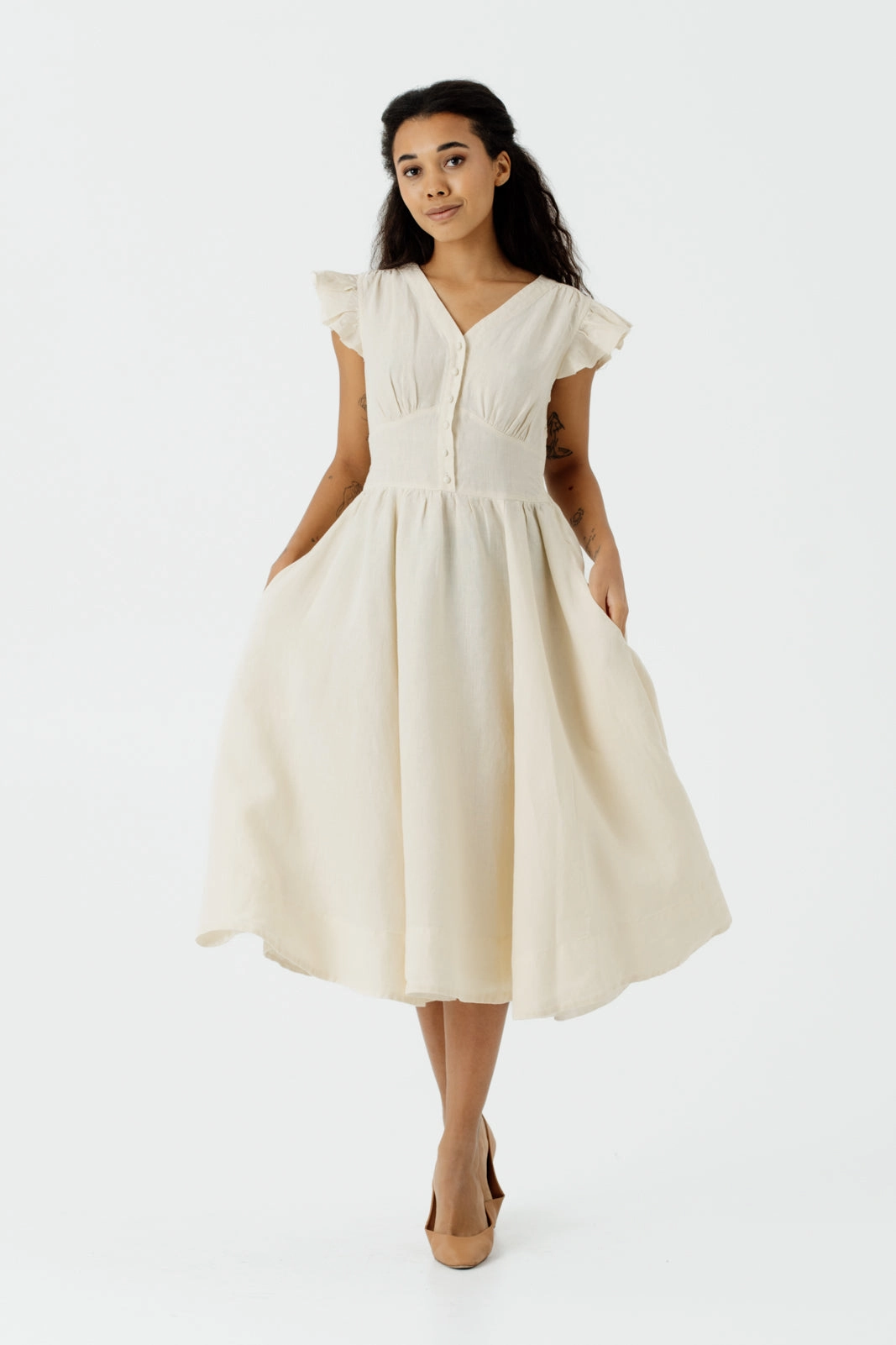 Urban Energy Day-To-Night Wear Diane Dress, Ruffle Sleeve, Hemp, Milky White