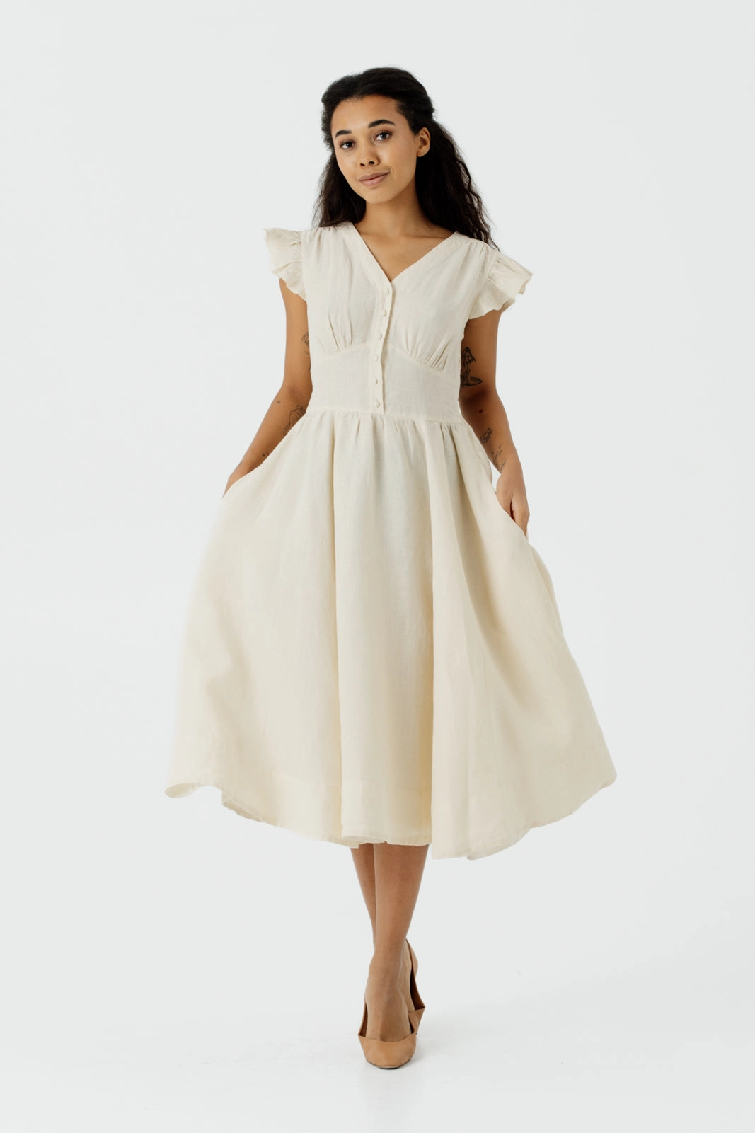 Scoop-Neck Fresh Tones Diane Dress, Ruffle Sleeve, Hemp, Milky White