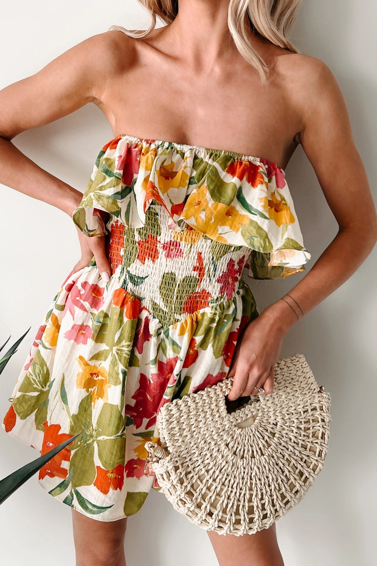 Soft Breezes Strapless Floral Romper Dress (Cream/Multi) Vintage Slim Dynamic Casual