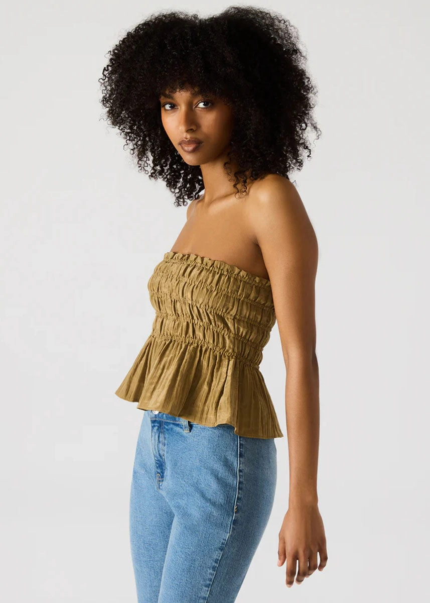 Cambria Top - Deep Olive Layered Sleeve Sheer Overlay Material