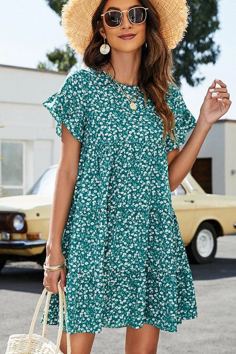 MULTI PATTERNED RUFFLE SLEEVE MIDI DRESS Soft-Lining Bold Style