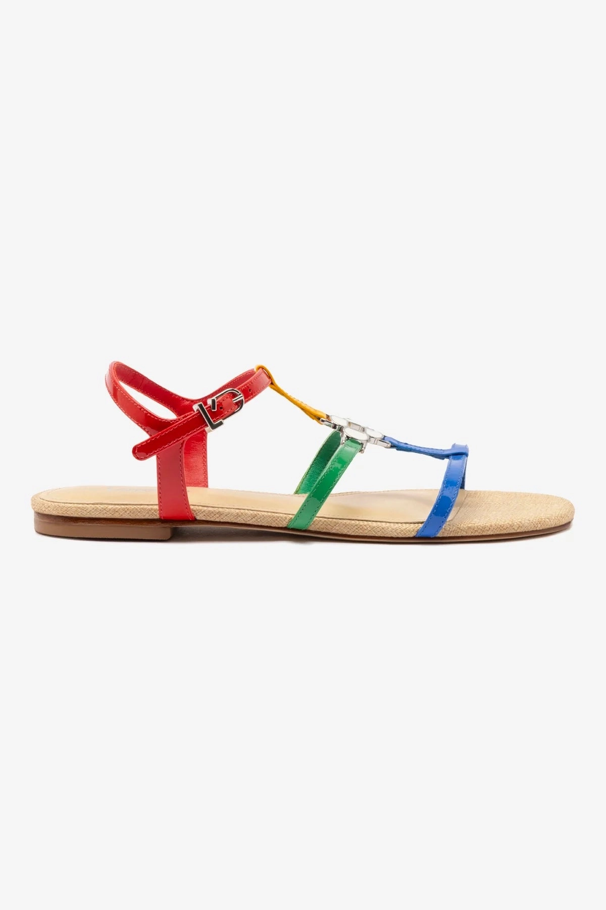 Hana Flat Sandal In Multicolor Patent Leather and Raffia Support Comfort
