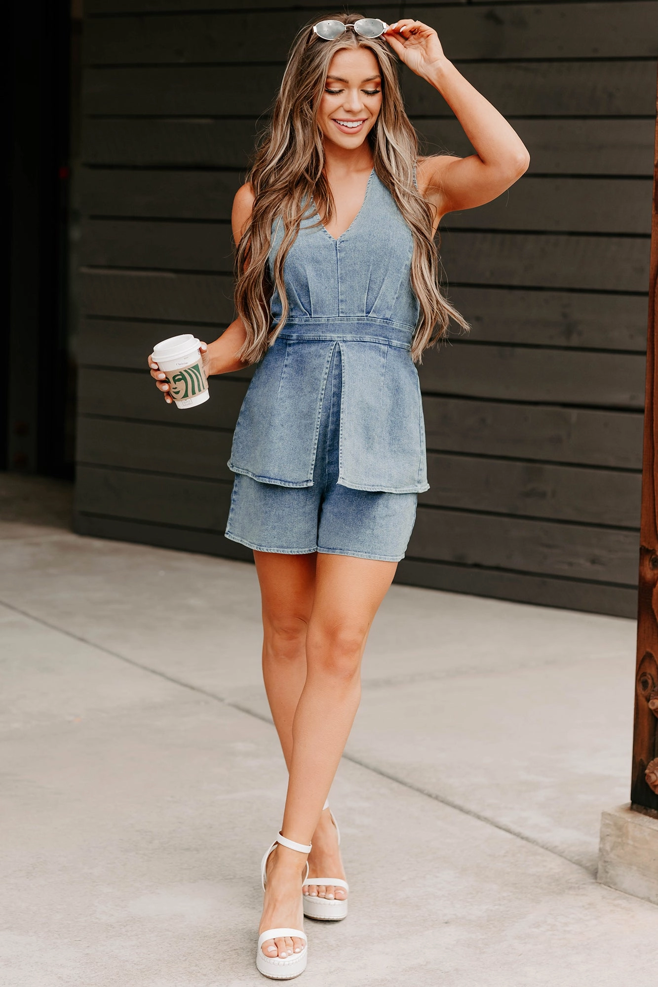 Minimalist Adult Fashion Drama In Denim Sleeveless Romper (Denim)