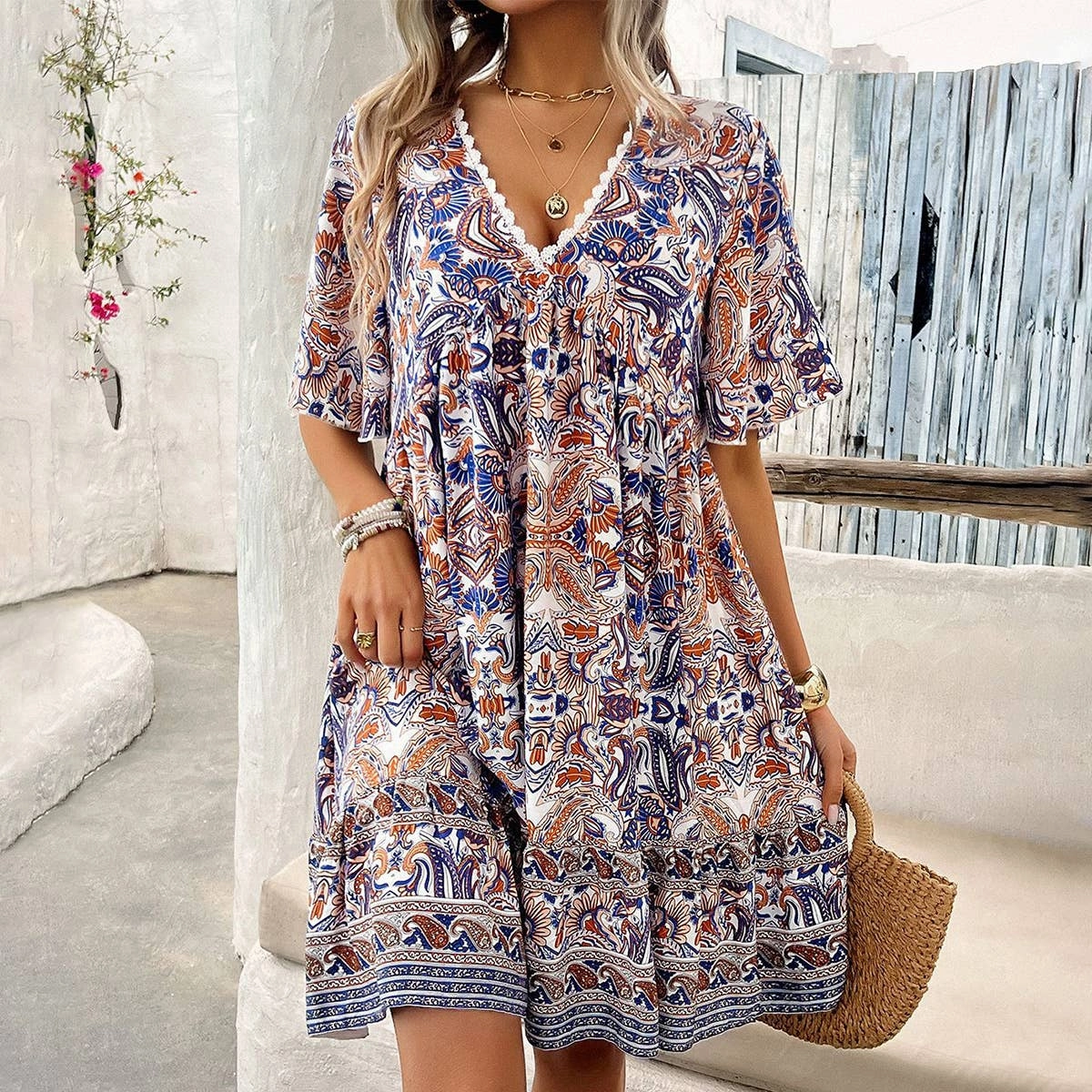 CASUAL HOLIDAY PRINT V-NECK DRESS_CWDSD3738 Subtle-Print Hand-Wash