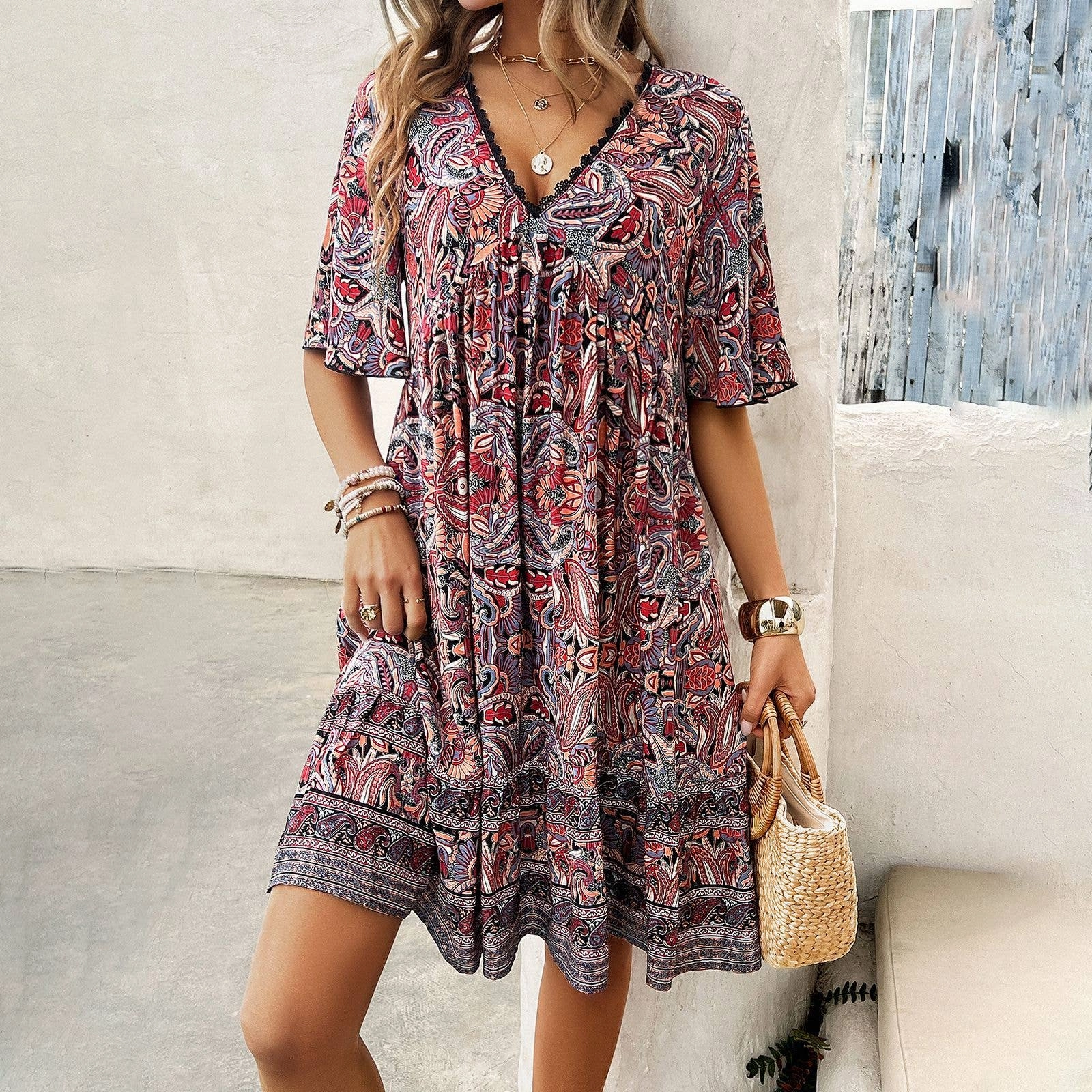 CASUAL HOLIDAY PRINT V-NECK DRESS_CWDSD3738 Self Power Best-Seller