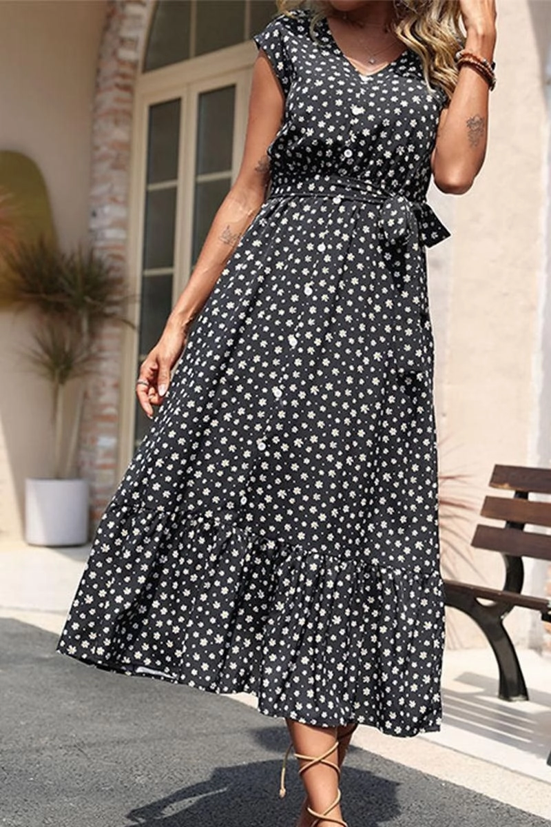 Zip-Closure WOMEN SLEEVELESS FLORAL PRINTING LONG DRESS
