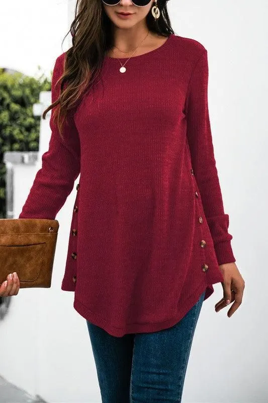 Easy-to-Style Top Zero Waste Production SOLID COLOR SIDE BUCKLE KNITTED LONG SLEEVE TOP
