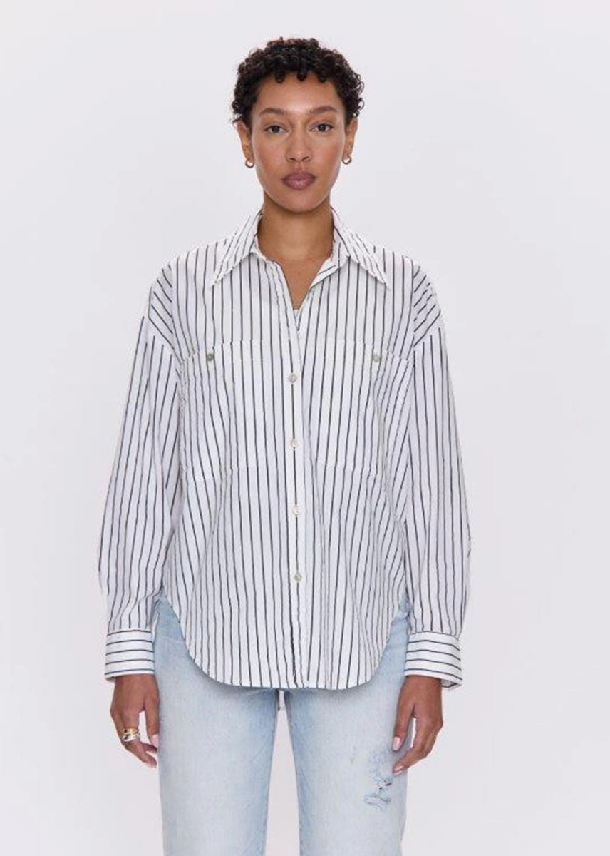 Samantha Oversized Button-Up - Noir Le Blanc Stripe All Over Print Technique