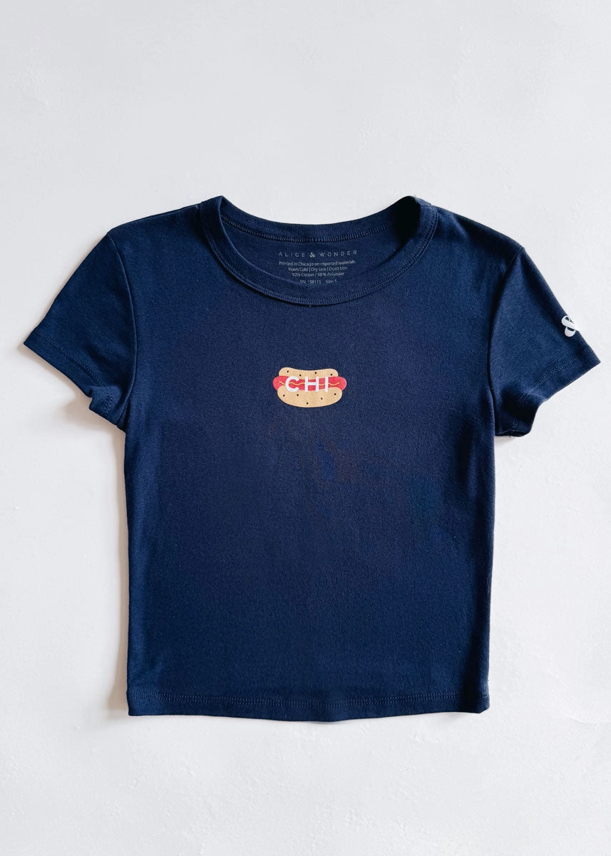 Brushed Inner Layer Hot Dog Icon Baby Tee - Navy