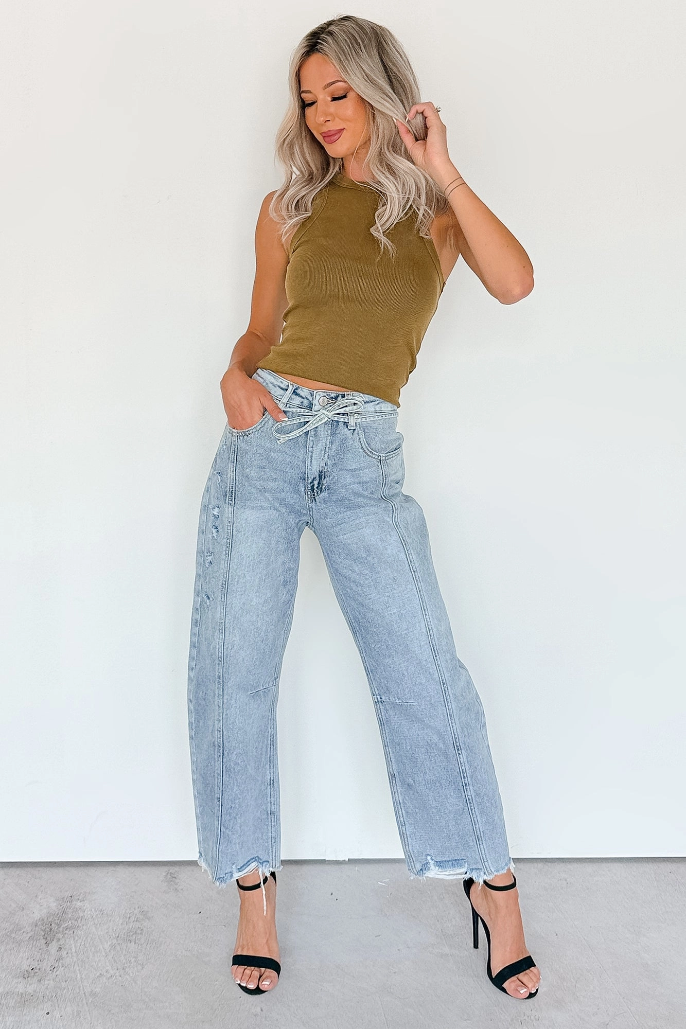 Holiday Vibes High Quality Solara High Rise Waist Tie Saige Denim Barrel Jeans (Light Wash)