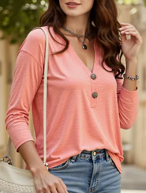 Solid Color Button Three-Quarter Sleeve V-Neck T-Shirt CollapsibleFrame Button Down Collar
