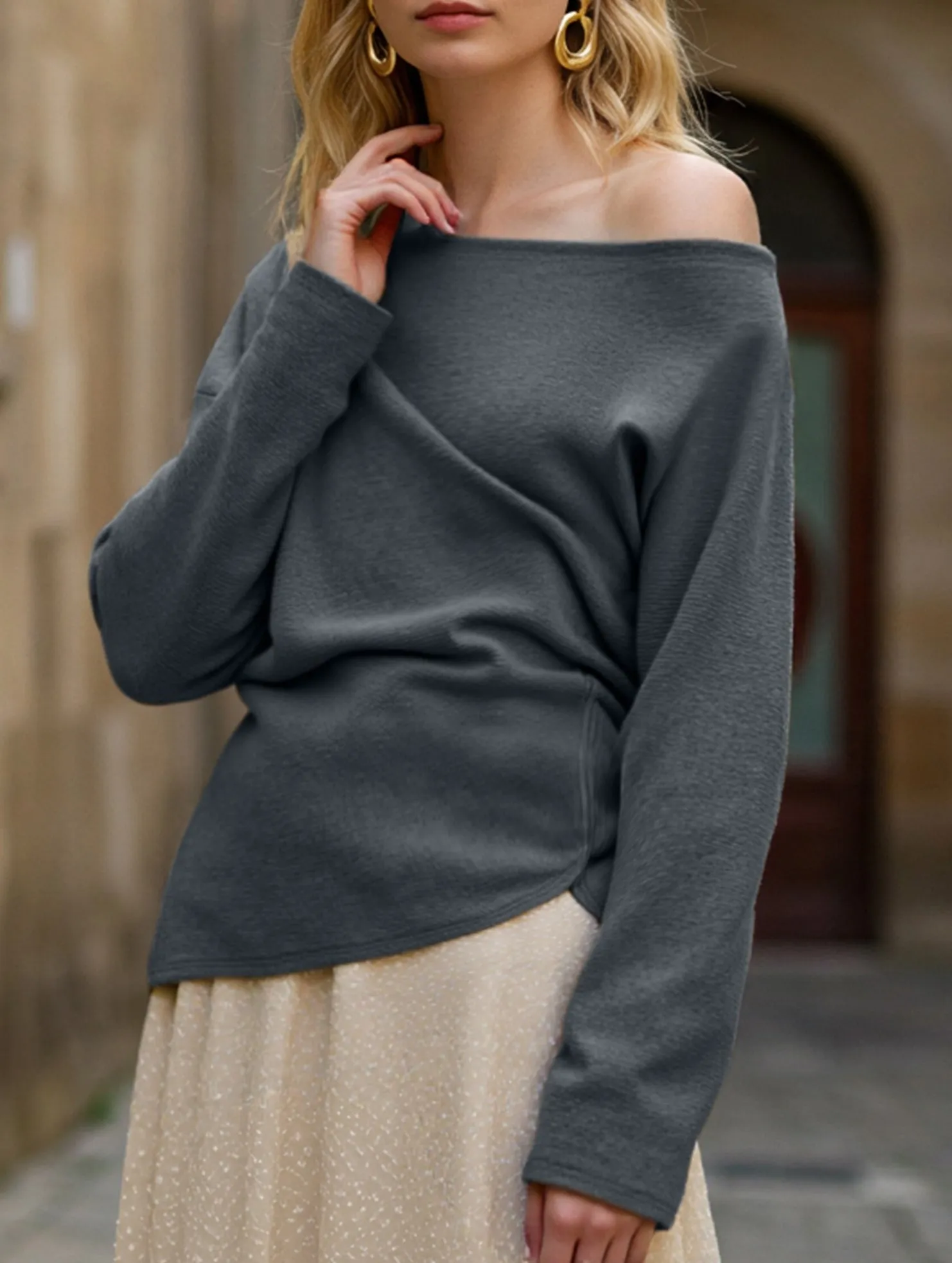 High Collar Design Solid color knit slant shoulder all-in-one casual top