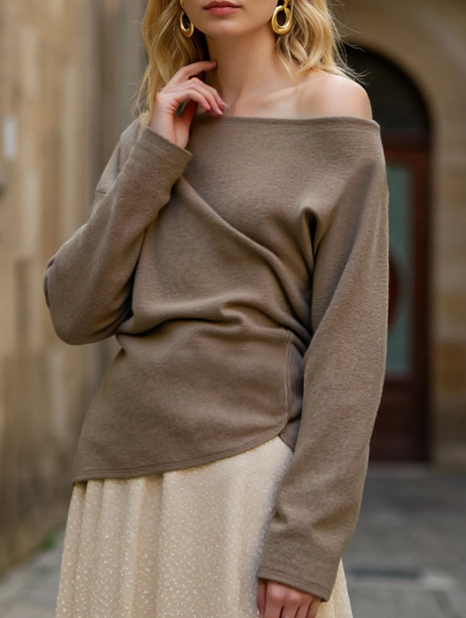 Solid color knit slant shoulder all-in-one casual top Soft Comfort Wear EasyCareFinish