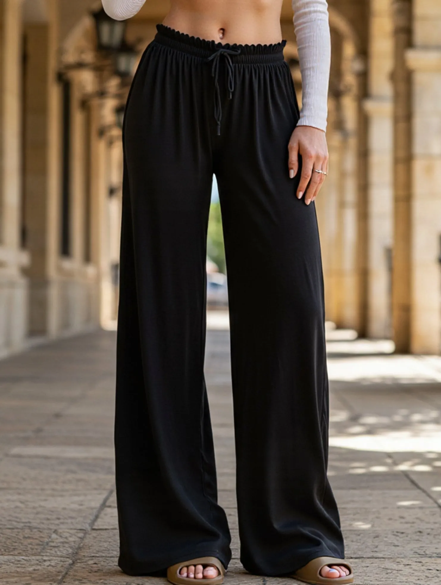 Solid color loose straight tube drop knit pants Tall Length