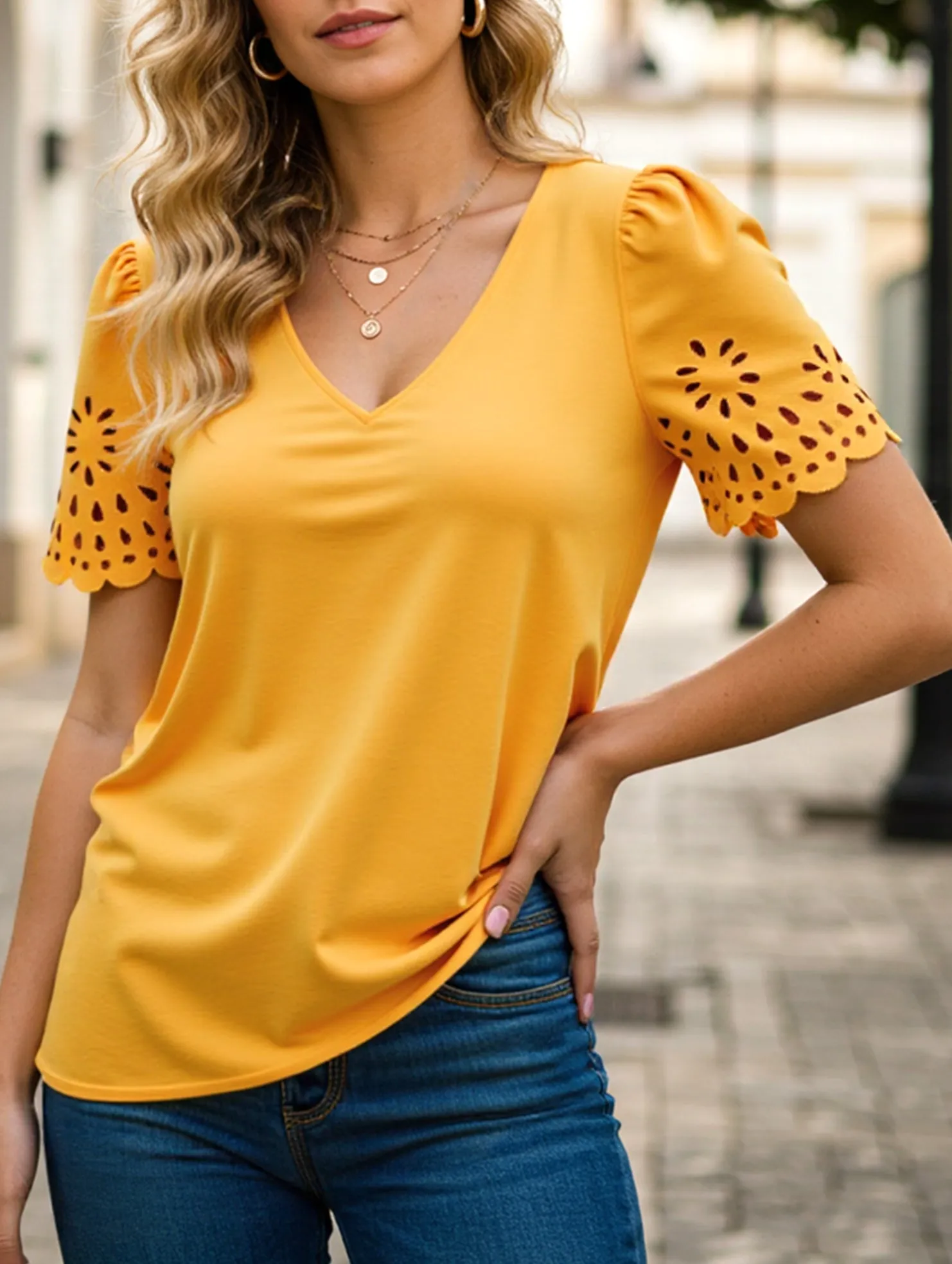 Solid Color V-neck Burnout Blouse ??Lightweight Semi-Sheer Top for Women sequined details
