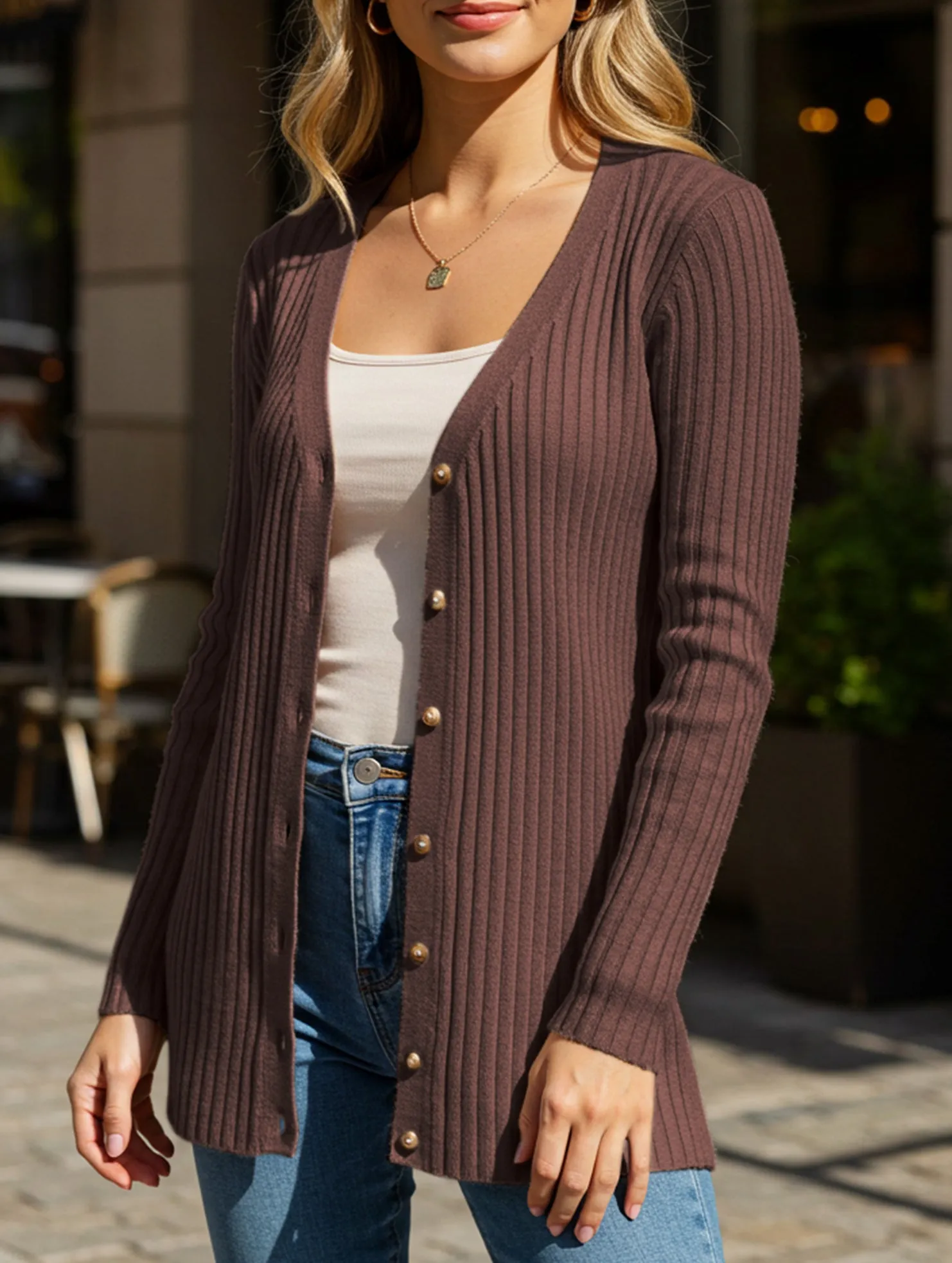 Solid color women's ribbed long-sleeved cardigan AntiOdorTreatment