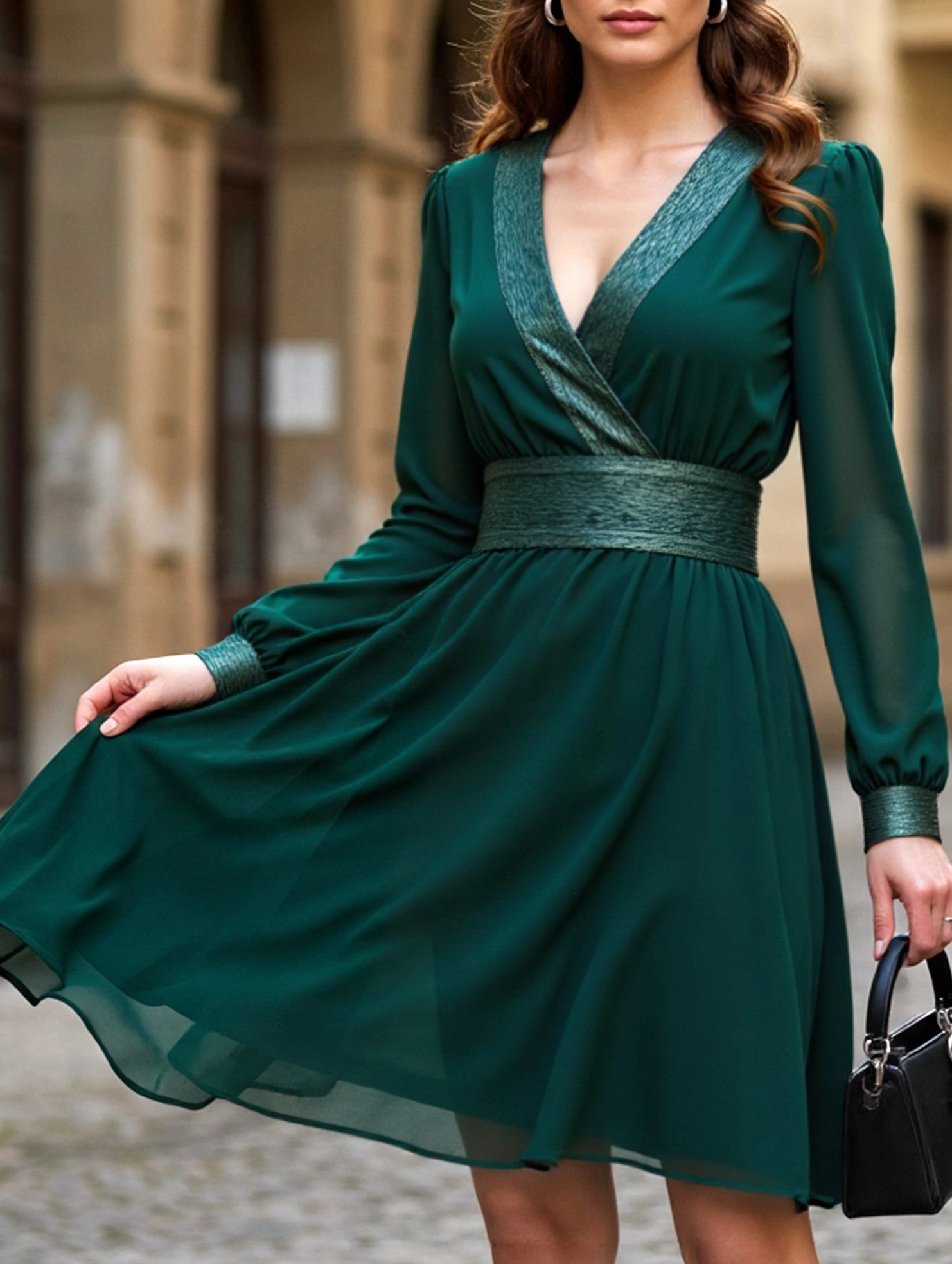 Polished Appearance Standout Feature Solid color chiffon V-neck long-sleeved dress