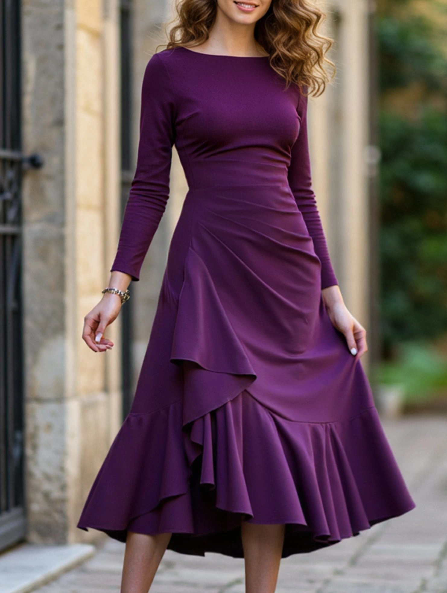 Street Motion Solid color long sleeve round neck women dress