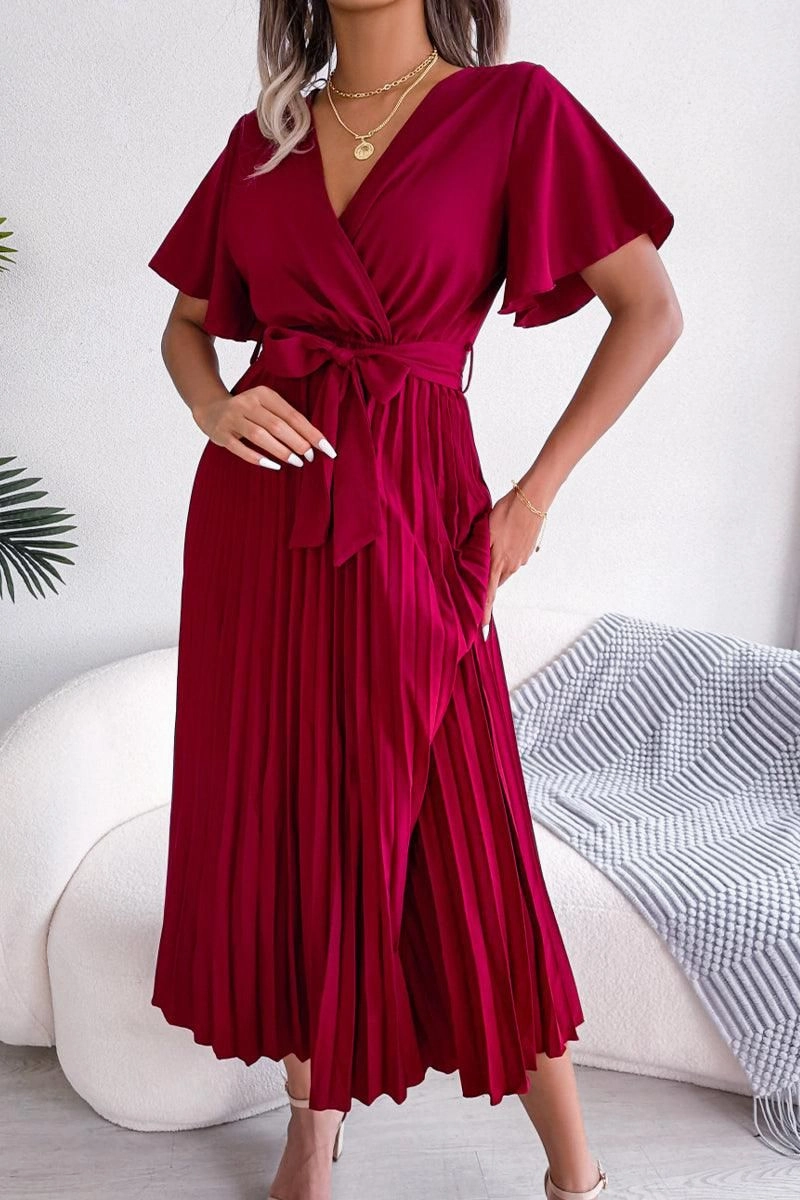 WOMEN CAPE SLEEVE TIED WAIST PLEATED LONG DRESS Occasion Ready