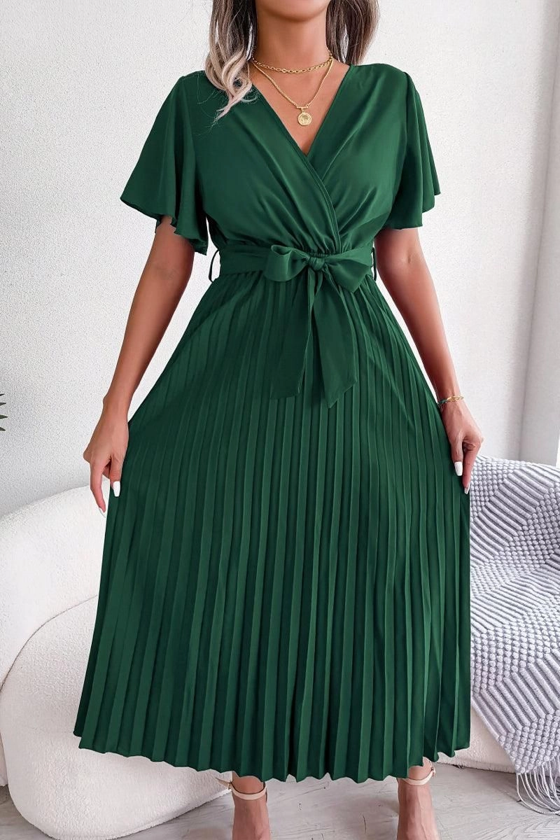 Natural Aesthetic WOMEN CAPE SLEEVE TIED WAIST PLEATED LONG DRESS