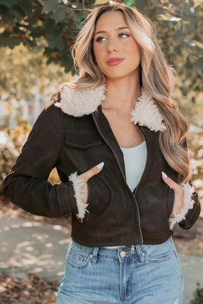 Taped Neckline Seams Weekend Style Soulful Strolls Shearling Aviator Jacket (Brown)