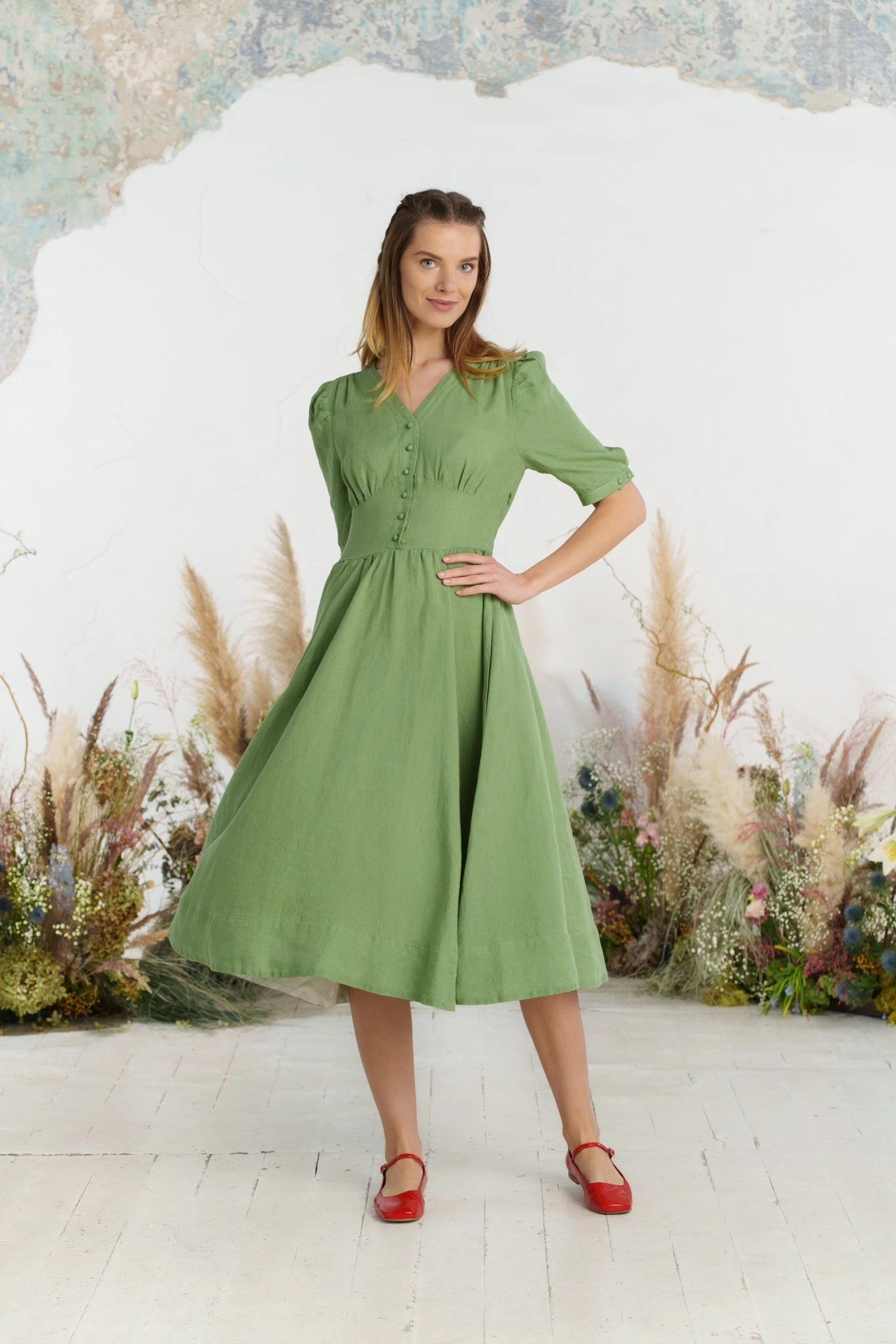 Diane Dress, Puffed Sleeve Waist-Cinching Sunset Glow